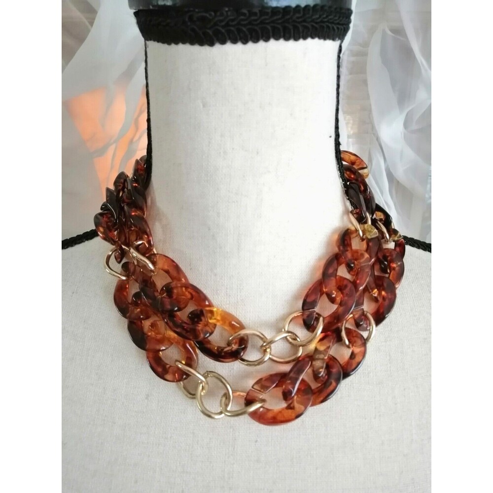 Tortoise Lucite & Gold Ring Linked Chunky Chain Necklace or Belt Statement  35"